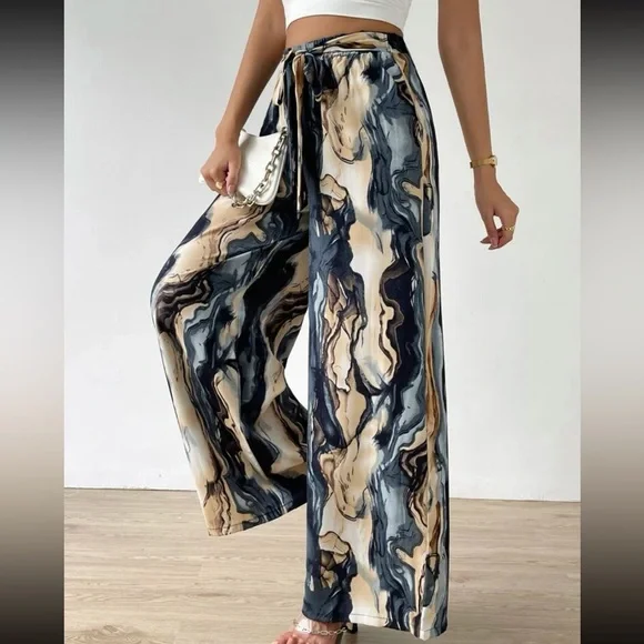 Boho Watercolor Abstract Print Wide Leg Palazzo Lounge Pants - Picture 4 of 7